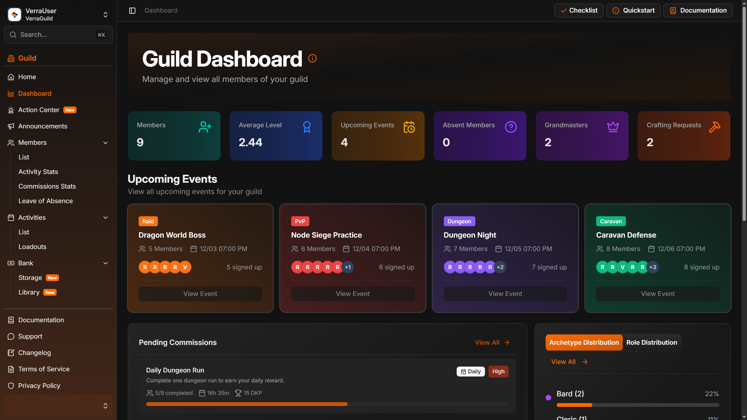 Interactive dashboard showing guild member roster, activity tracking, and management tools for Ashes of Creation guilds